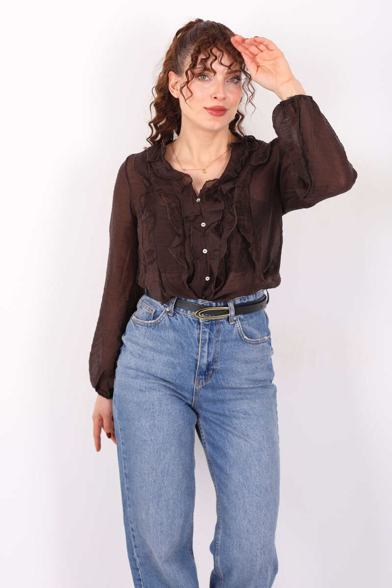 Önü Fırfırlı Düğmeli Acı Kahve Kadın Transparan Gömlek - 1