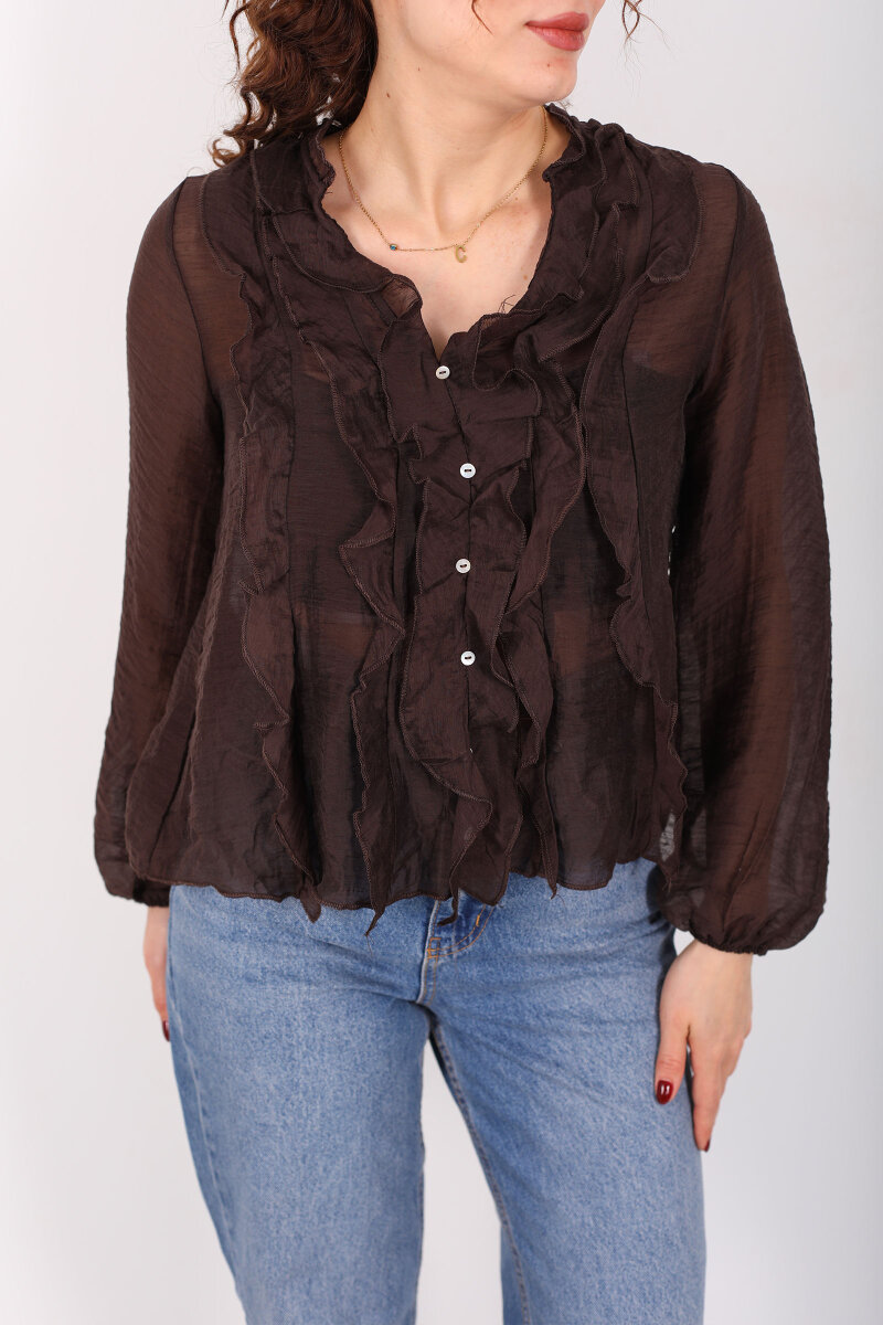 Önü Fırfırlı Düğmeli Acı Kahve Kadın Transparan Gömlek - 2