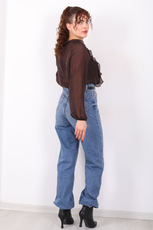 Önü Fırfırlı Düğmeli Acı Kahve Kadın Transparan Gömlek - 5