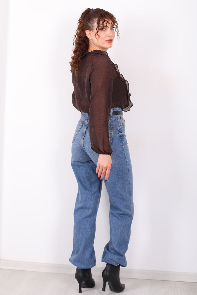 Önü Fırfırlı Düğmeli Acı Kahve Kadın Transparan Gömlek - 5