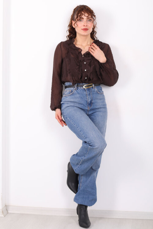 Önü Fırfırlı Düğmeli Acı Kahve Kadın Transparan Gömlek - 4