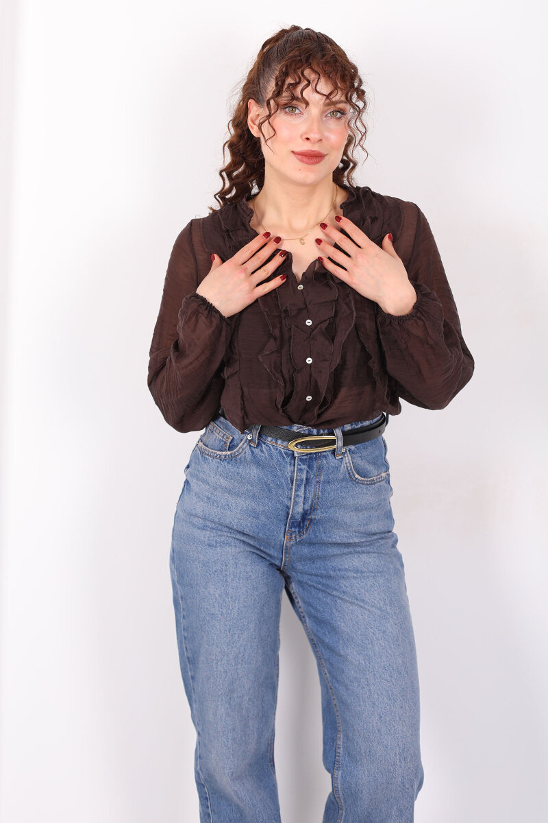 Önü Fırfırlı Düğmeli Acı Kahve Kadın Transparan Gömlek - 3
