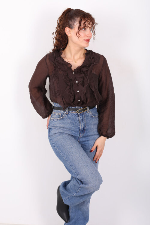 Önü Fırfırlı Düğmeli Acı Kahve Kadın Transparan Gömlek - 6