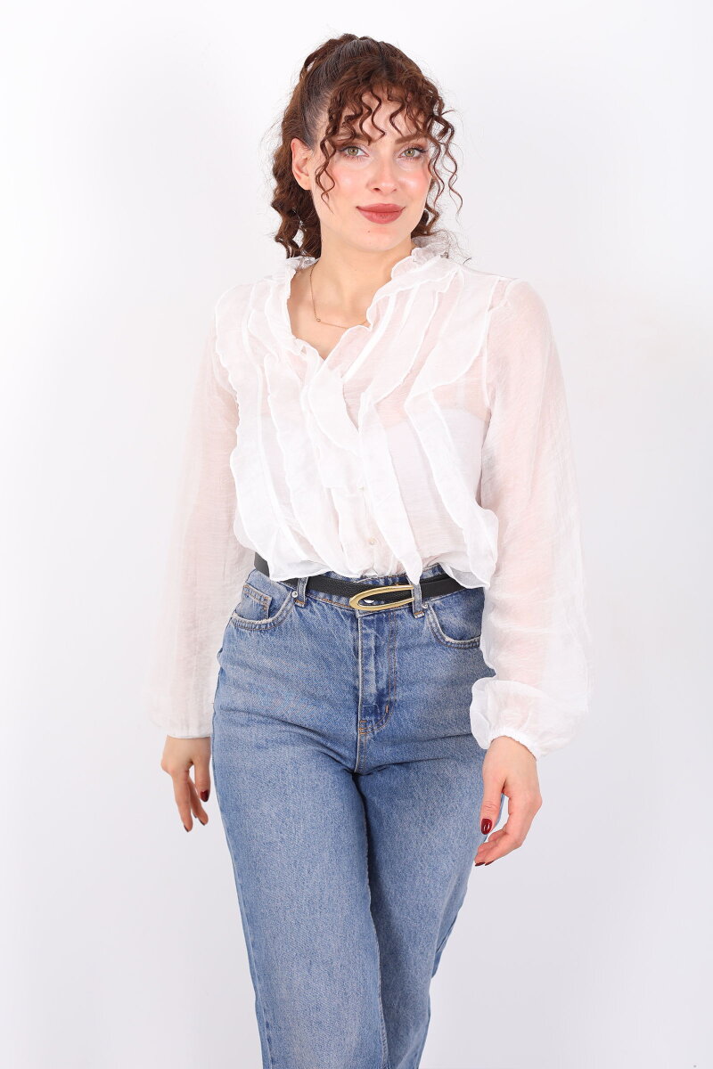 Önü Fırfırlı Düğmeli Beyaz Kadın Transparan Gömlek - 6