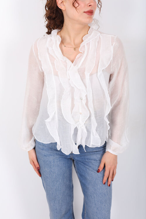 Önü Fırfırlı Düğmeli Beyaz Kadın Transparan Gömlek - Berox (1)