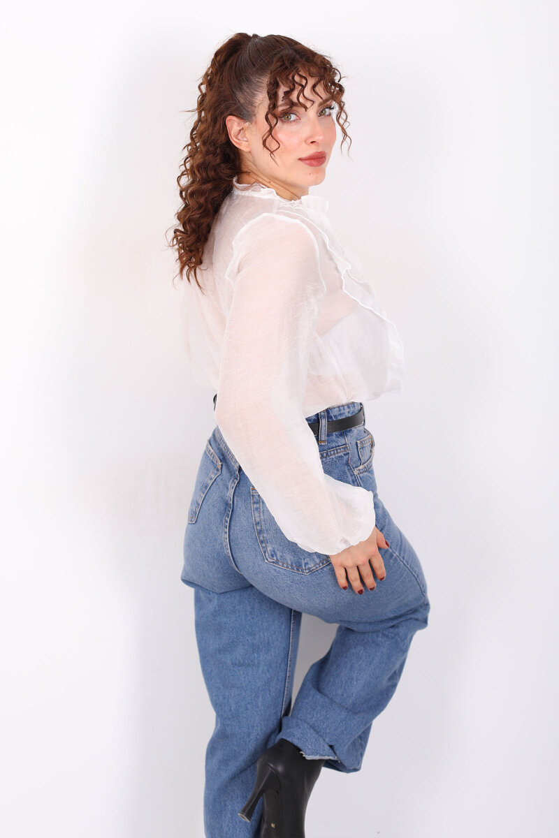 Önü Fırfırlı Düğmeli Beyaz Kadın Transparan Gömlek - 5