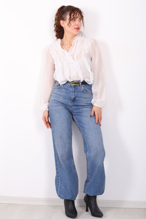 Önü Fırfırlı Düğmeli Beyaz Kadın Transparan Gömlek - 4