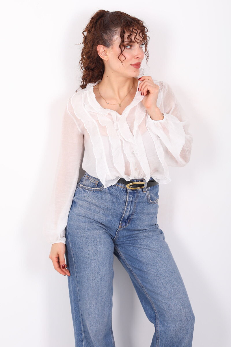 Önü Fırfırlı Düğmeli Beyaz Kadın Transparan Gömlek - 3