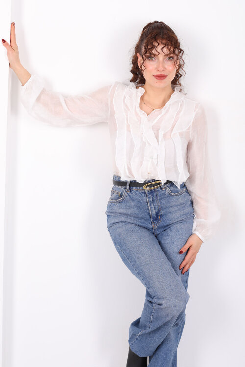 Önü Fırfırlı Düğmeli Beyaz Kadın Transparan Gömlek - Berox