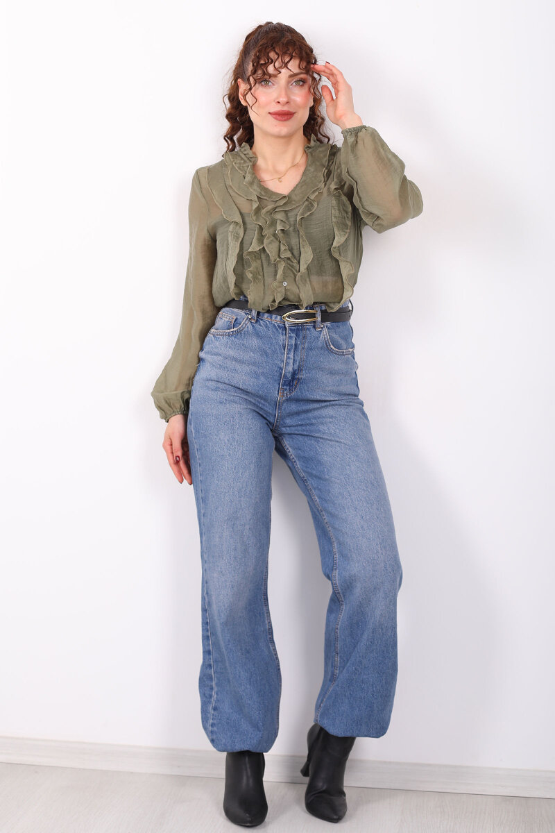 Önü Fırfırlı Düğmeli Haki Kadın Transparan Gömlek - 4