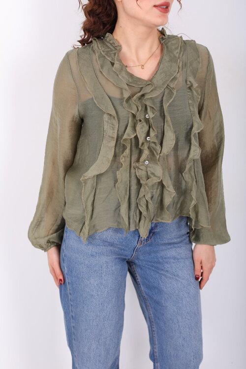 Önü Fırfırlı Düğmeli Haki Kadın Transparan Gömlek - Berox (1)