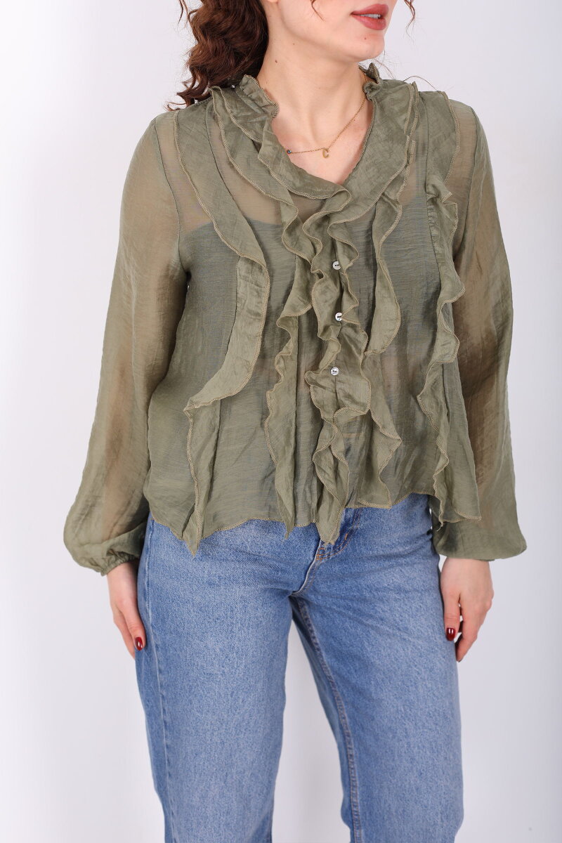 Önü Fırfırlı Düğmeli Haki Kadın Transparan Gömlek - 2
