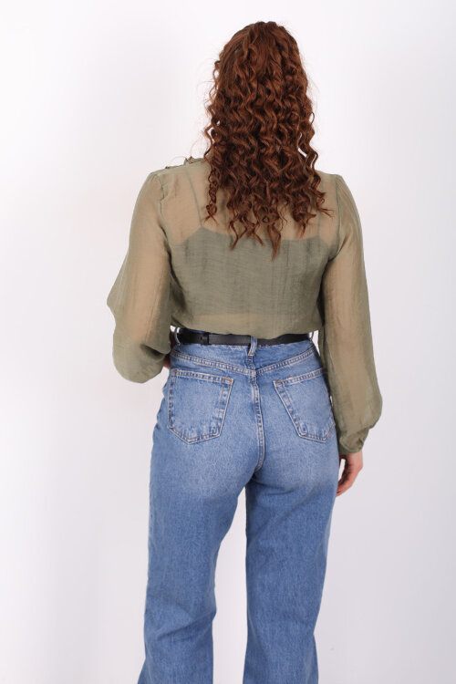 Önü Fırfırlı Düğmeli Haki Kadın Transparan Gömlek - 5