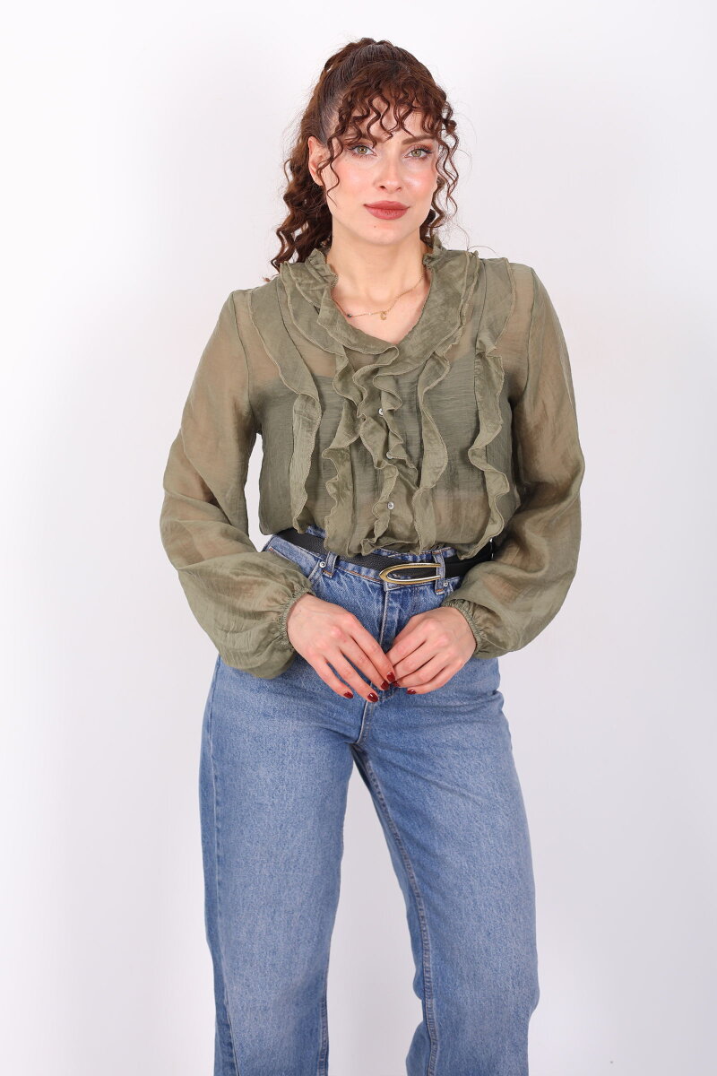 Önü Fırfırlı Düğmeli Haki Kadın Transparan Gömlek - 3