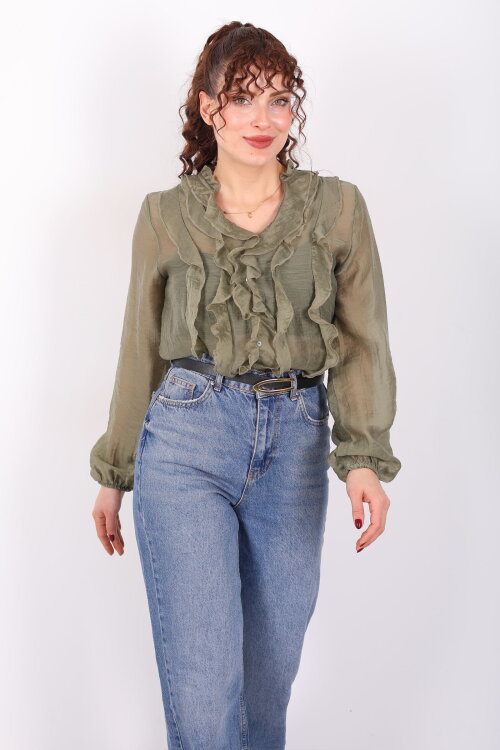 Önü Fırfırlı Düğmeli Haki Kadın Transparan Gömlek - 6