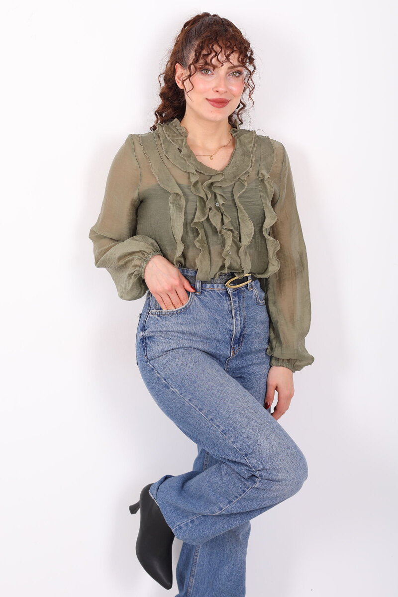 Önü Fırfırlı Düğmeli Haki Kadın Transparan Gömlek - 1