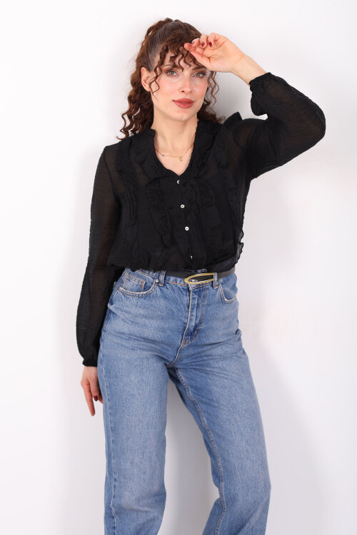 Önü Fırfırlı Düğmeli Siyah Kadın Transparan Gömlek - 3