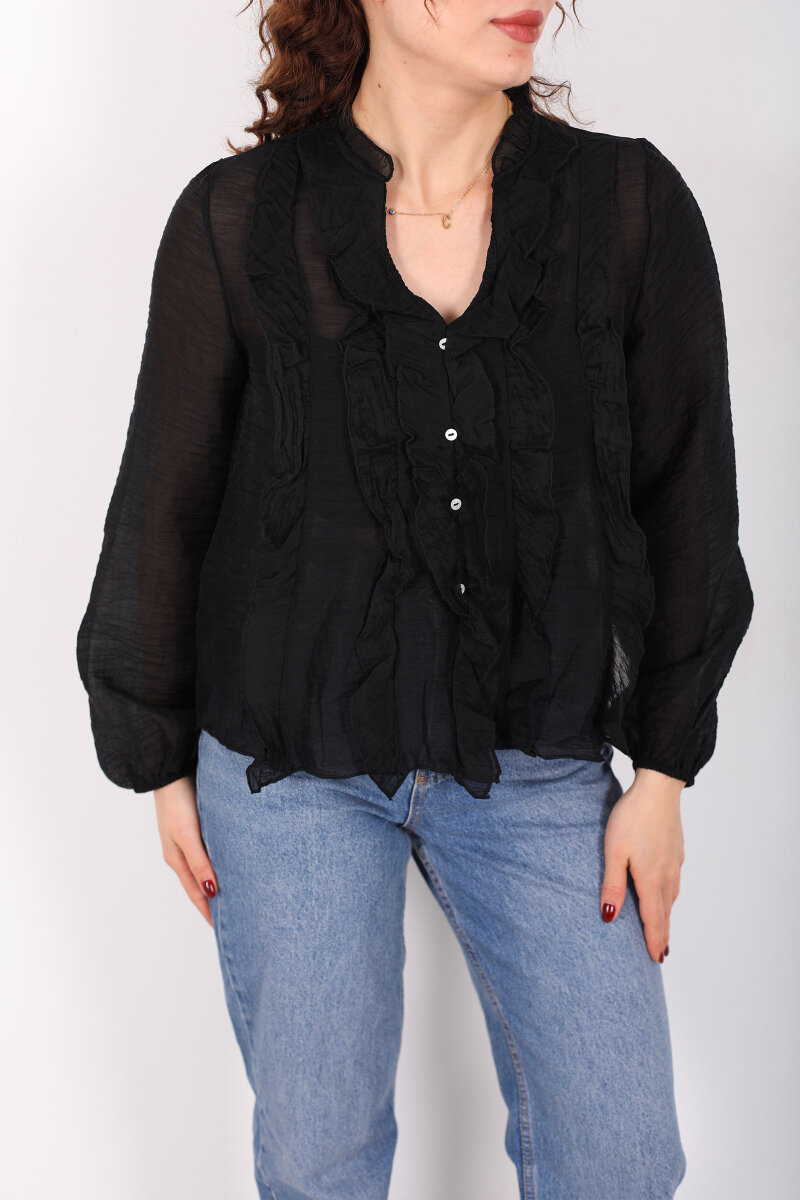 Önü Fırfırlı Düğmeli Siyah Kadın Transparan Gömlek - 2