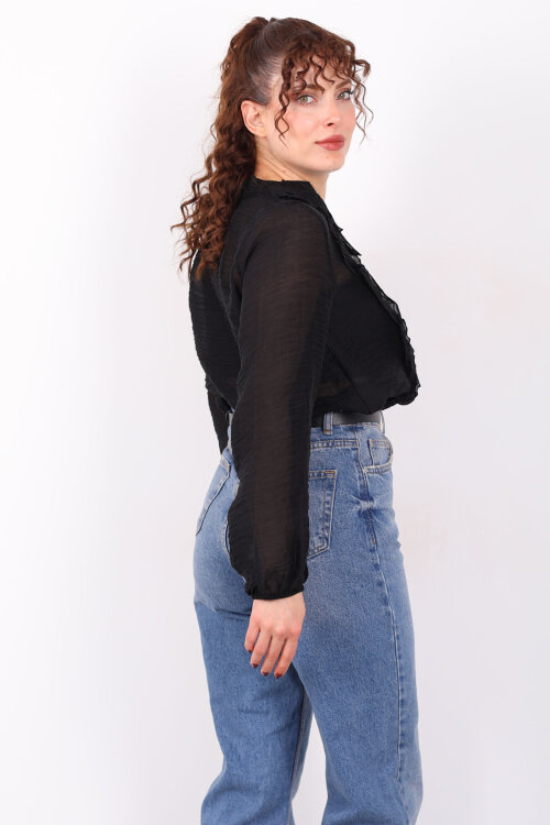 Önü Fırfırlı Düğmeli Siyah Kadın Transparan Gömlek - 5