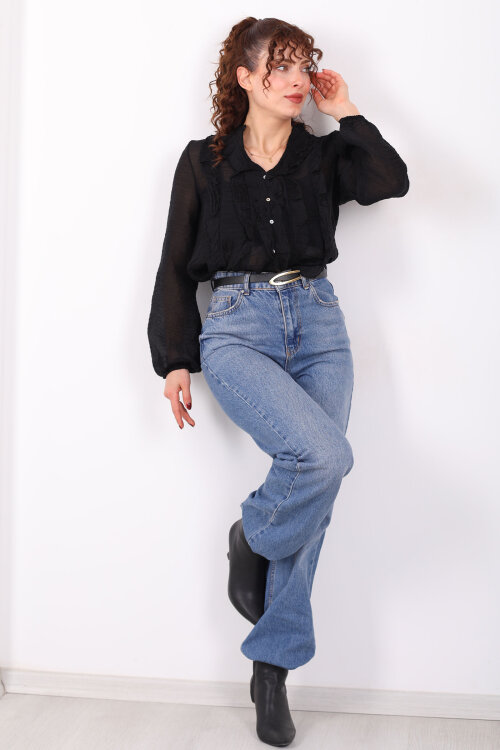 Önü Fırfırlı Düğmeli Siyah Kadın Transparan Gömlek - 4