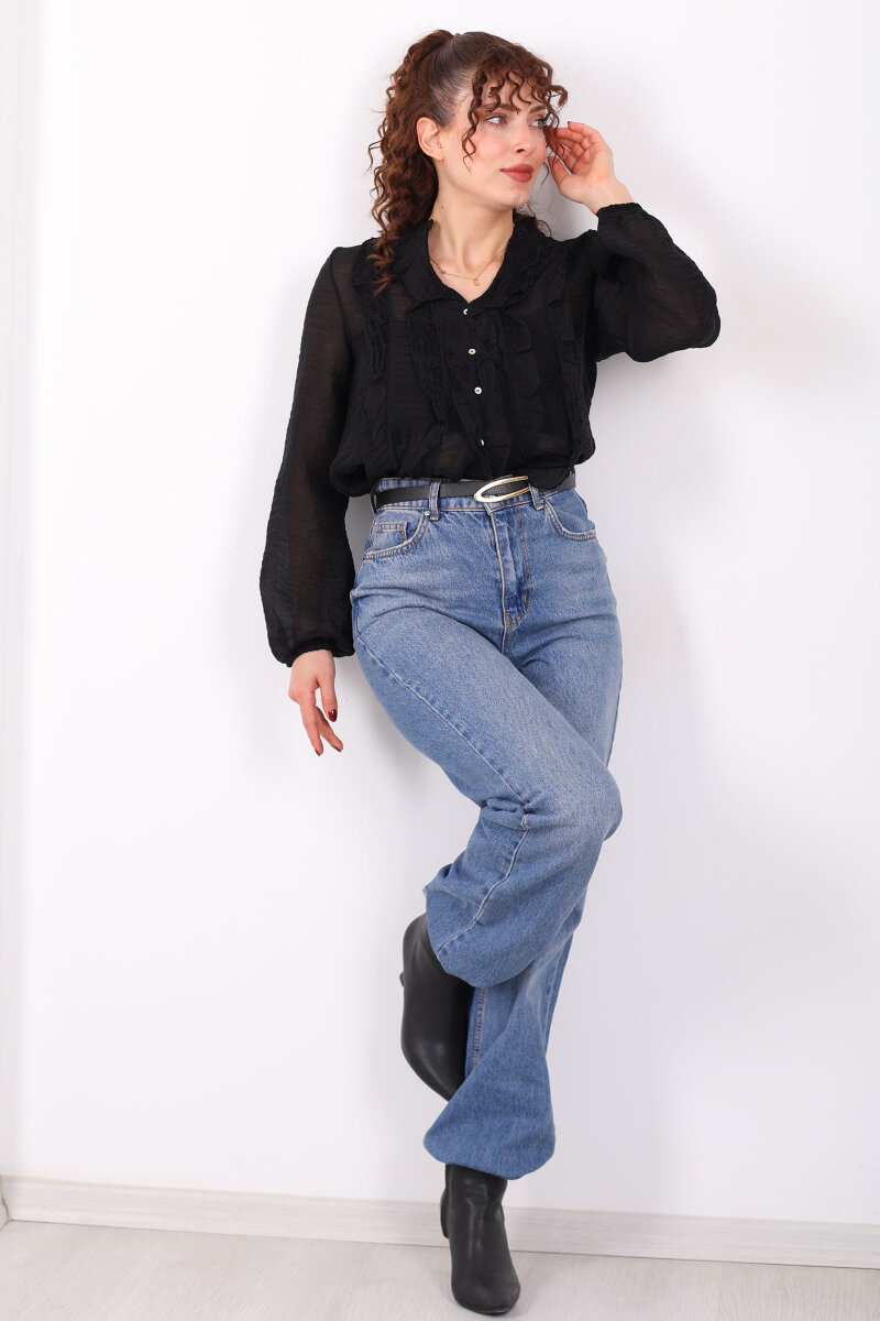 Önü Fırfırlı Düğmeli Siyah Kadın Transparan Gömlek - 4