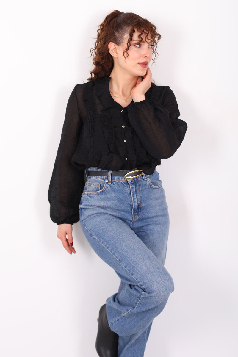 Önü Fırfırlı Düğmeli Siyah Kadın Transparan Gömlek - 1