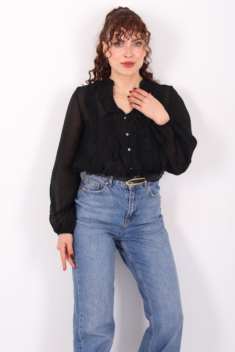 Önü Fırfırlı Düğmeli Siyah Kadın Transparan Gömlek - 6