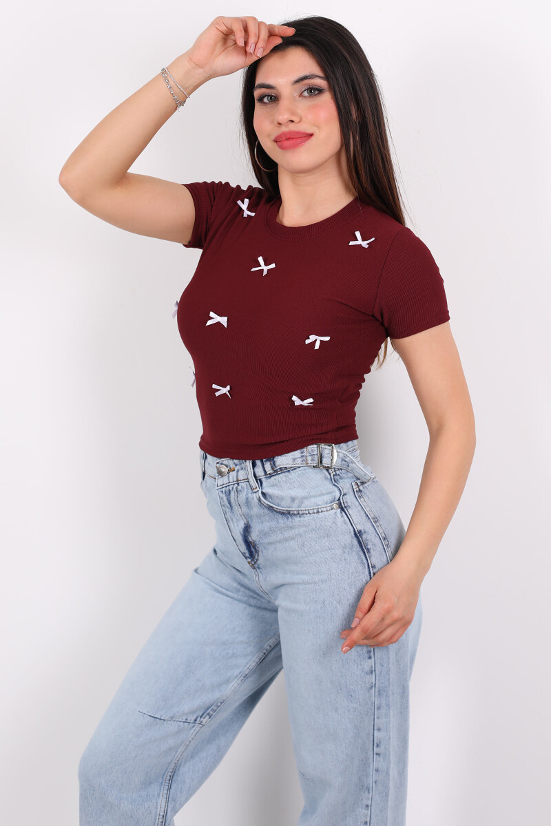 Önü Fiyonklu Bisiklet Yaka Ottoman Bordo Kadın Bluz - 3