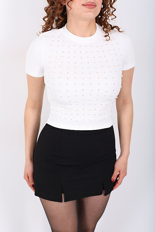 Önü İnci Taş Detaylı Ottoman Beyaz Kadın Crop Top - Berox (1)