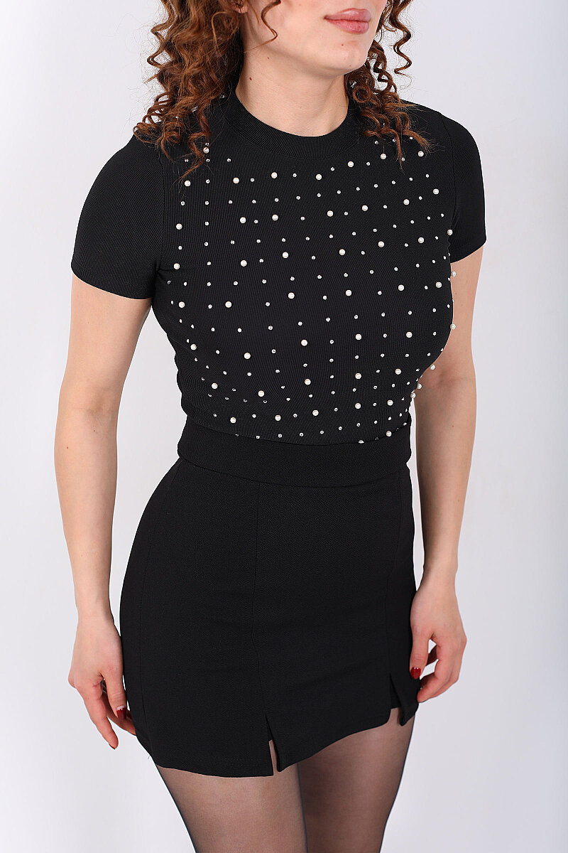 Önü İnci Taş Detaylı Ottoman Siyah Kadın Crop Top - 2