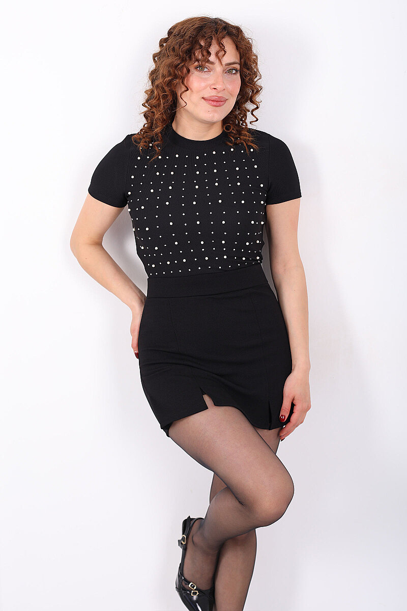 Önü İnci Taş Detaylı Ottoman Siyah Kadın Crop Top - 3