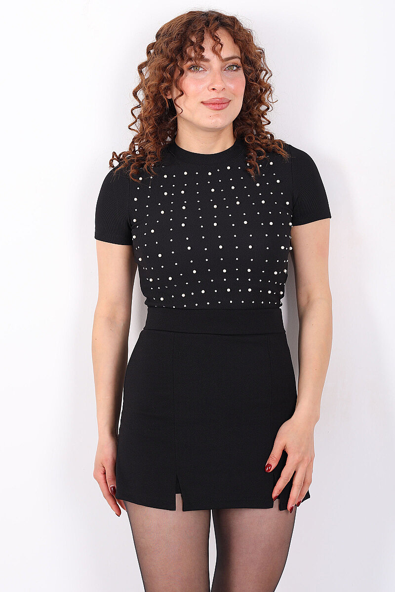 Önü İnci Taş Detaylı Ottoman Siyah Kadın Crop Top - 4