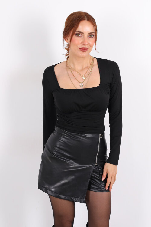 Önü Lastikli Kare Yaka Siyah Kadın Bluz - 4