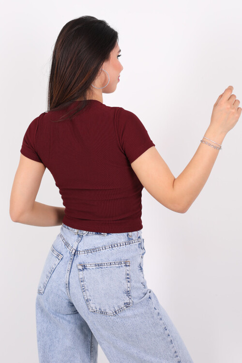 Önü Nakışlı Bisiklet Yaka Ottoman Bordo Kadın Bluz - 4