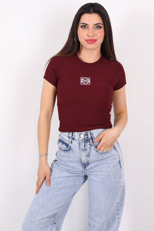 Önü Nakışlı Bisiklet Yaka Ottoman Bordo Kadın Bluz - 3