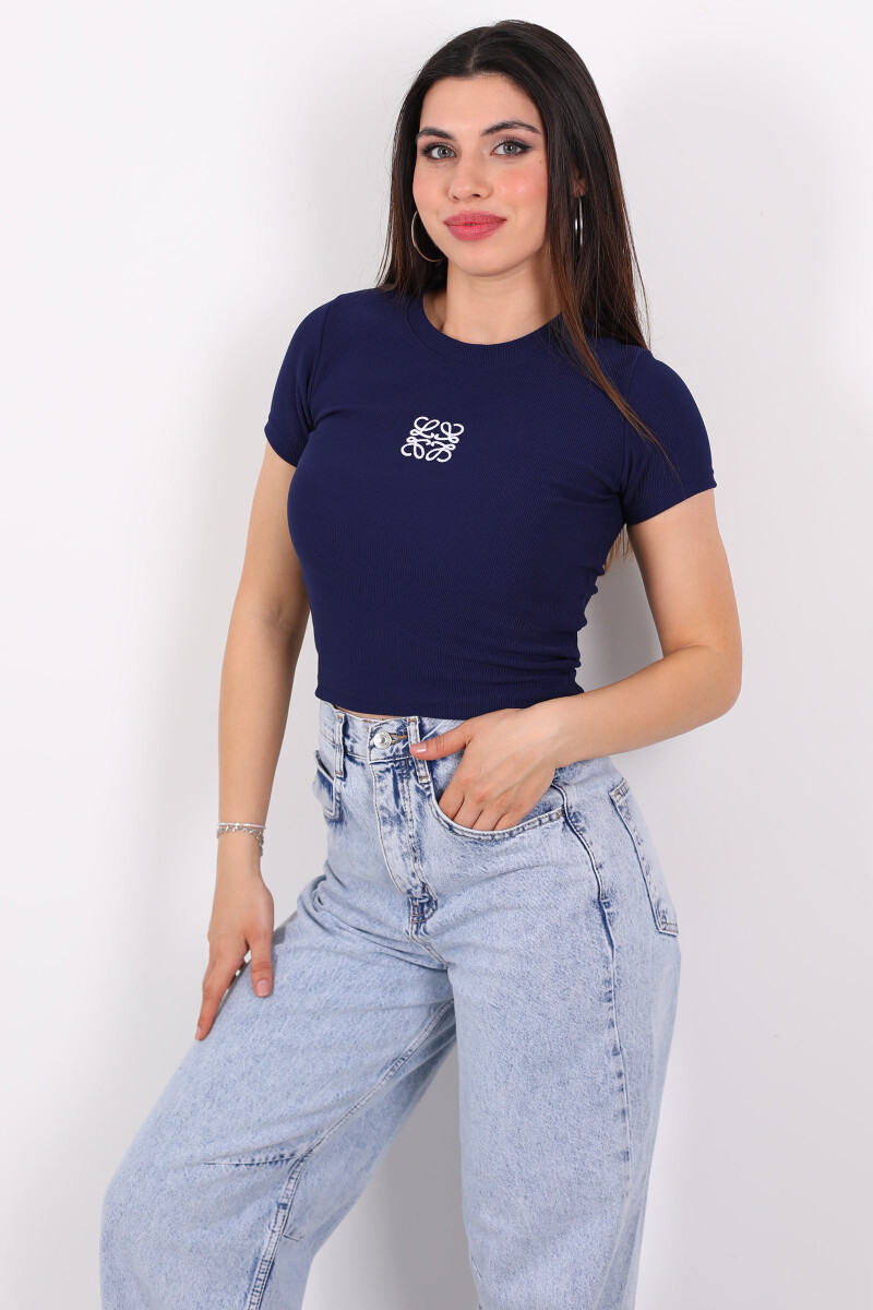 Önü Nakışlı Bisiklet Yaka Ottoman Lacivert Kadın Bluz - 3