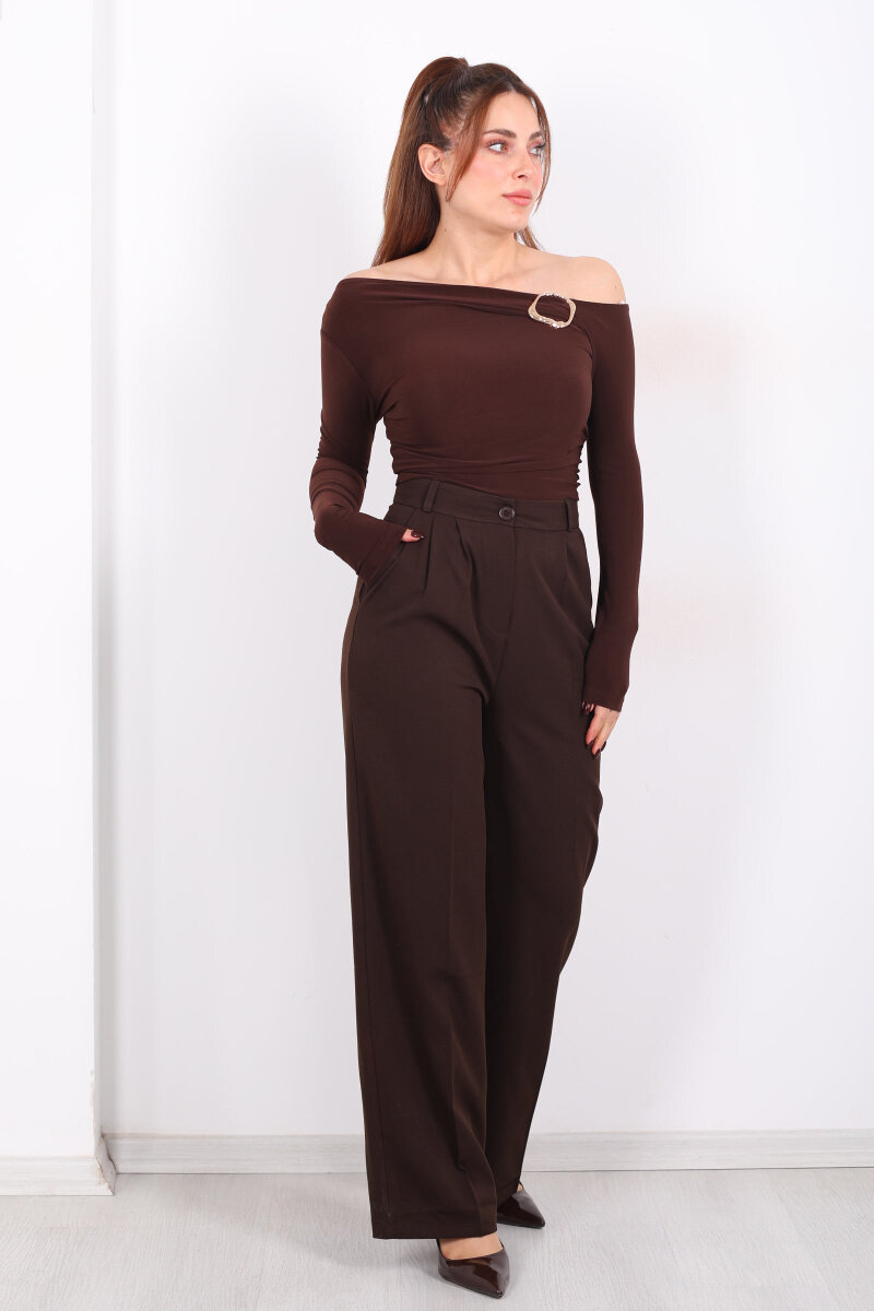 Önü Pens Detaylı Acı Kahve Kadın Cepli Pantolon - 6