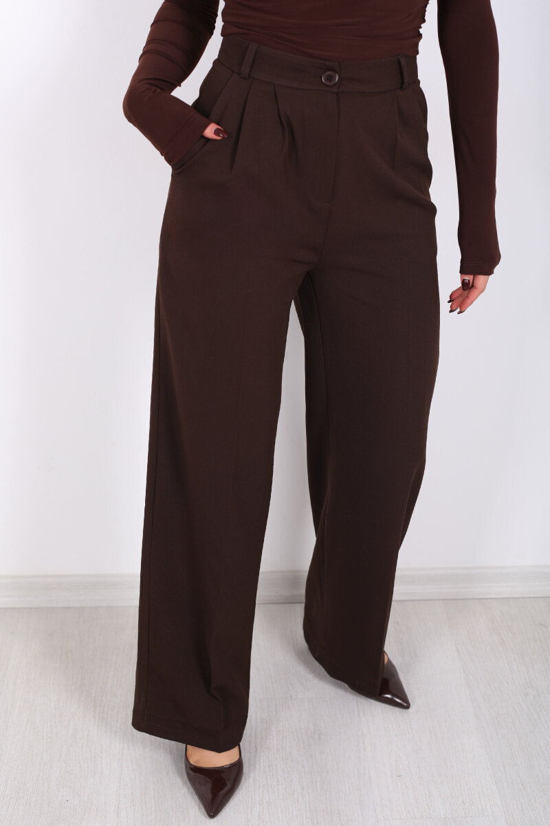 Önü Pens Detaylı Acı Kahve Kadın Cepli Pantolon - 2