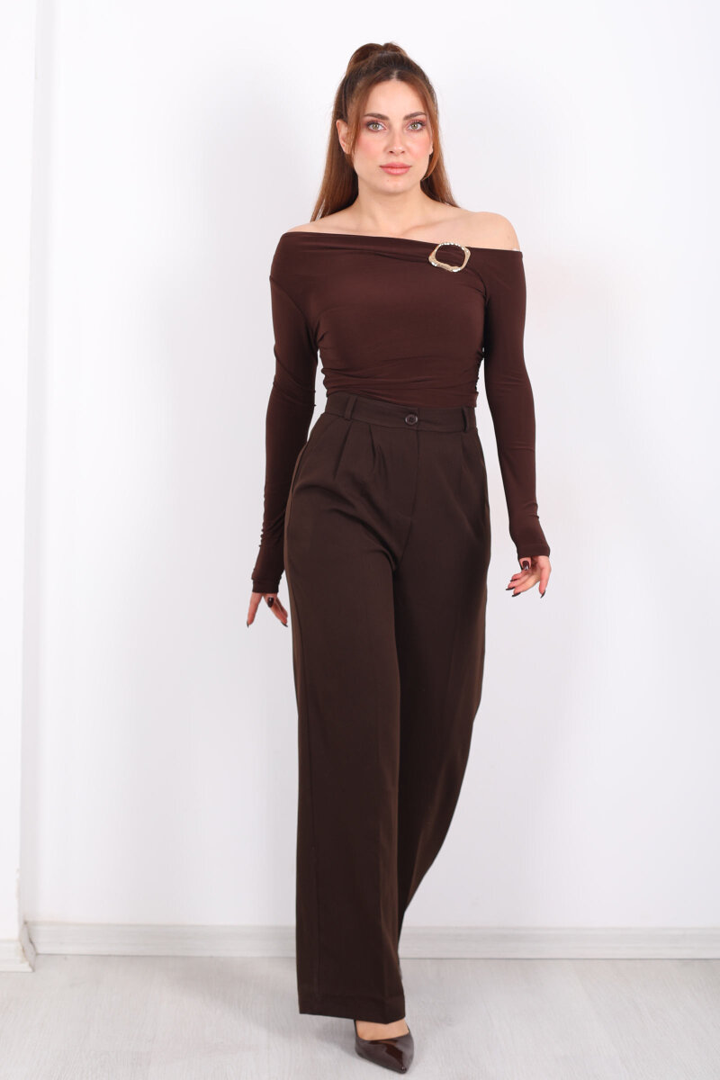 Önü Pens Detaylı Acı Kahve Kadın Cepli Pantolon - 3