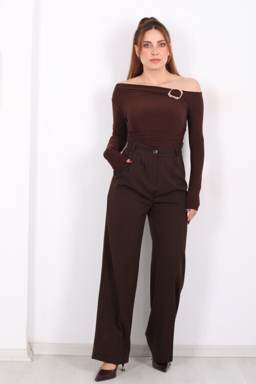 Önü Pens Detaylı Acı Kahve Kadın Cepli Pantolon - 4