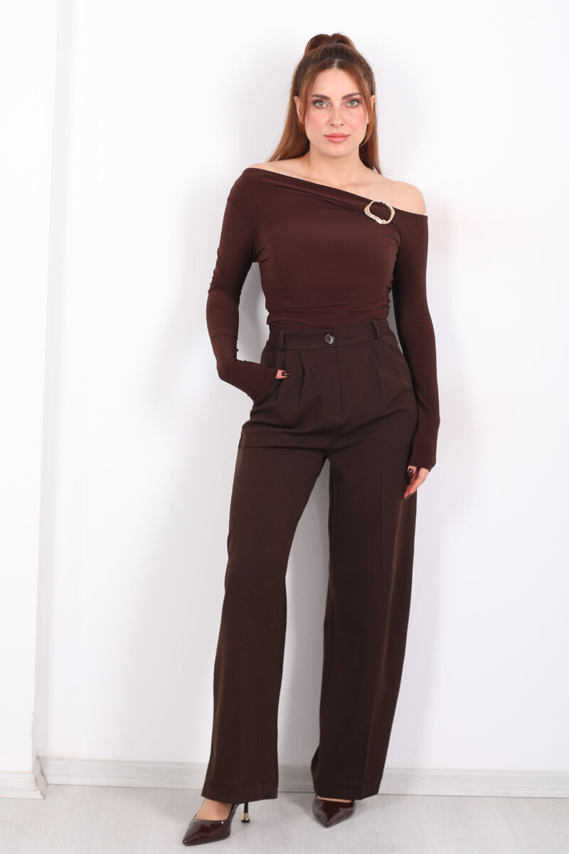 Önü Pens Detaylı Acı Kahve Kadın Cepli Pantolon - 1