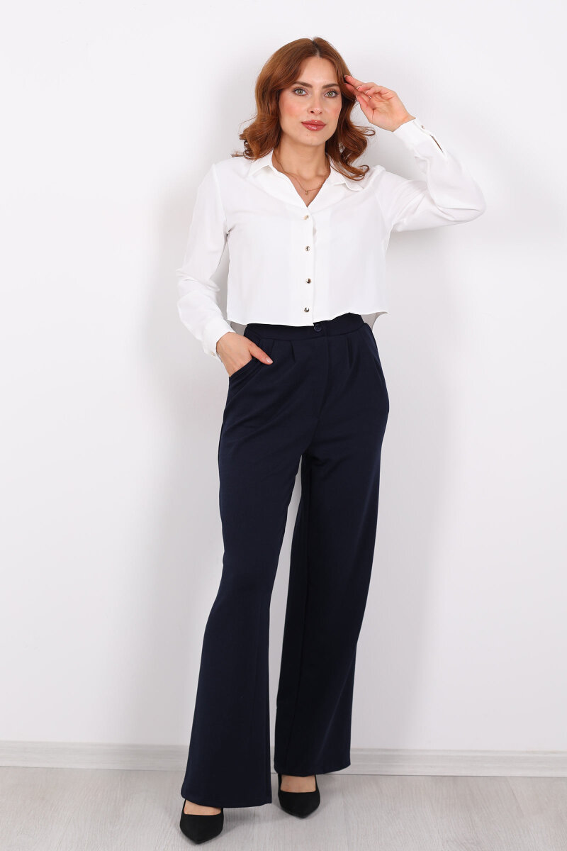 Önü Pensli Bol Paça Lacivert Kadın Krep Pantolon - 3