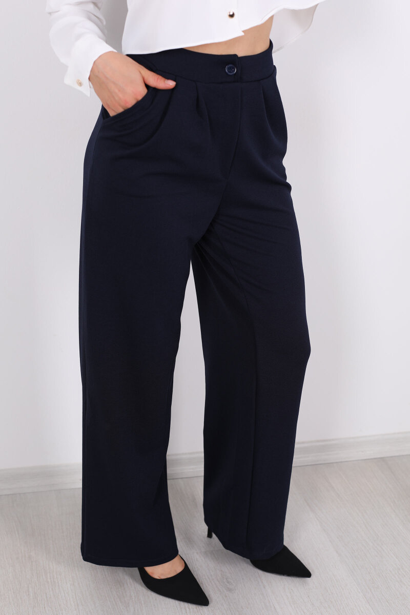 Önü Pensli Bol Paça Lacivert Kadın Krep Pantolon - 2