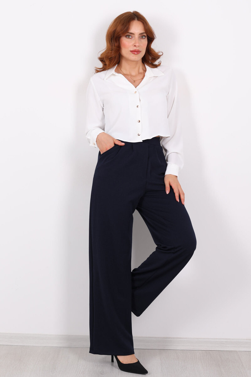 Önü Pensli Bol Paça Lacivert Kadın Krep Pantolon - 1