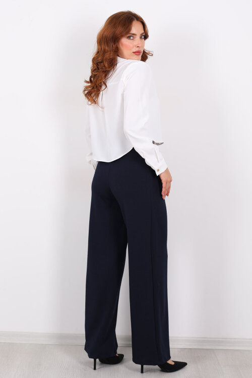 Önü Pensli Bol Paça Lacivert Kadın Krep Pantolon - 5