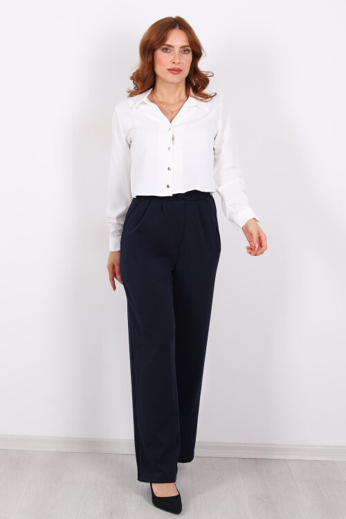 Önü Pensli Bol Paça Lacivert Kadın Krep Pantolon - 4