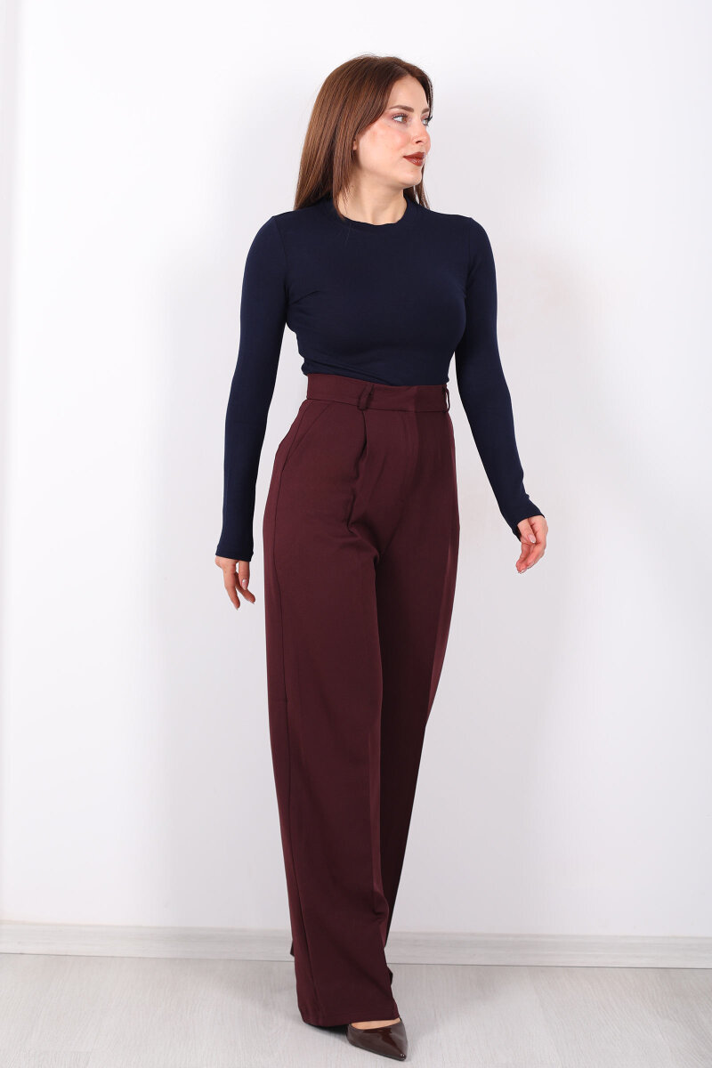 Önü Pensli Bordo Kadın Pileli Pantolon - 3