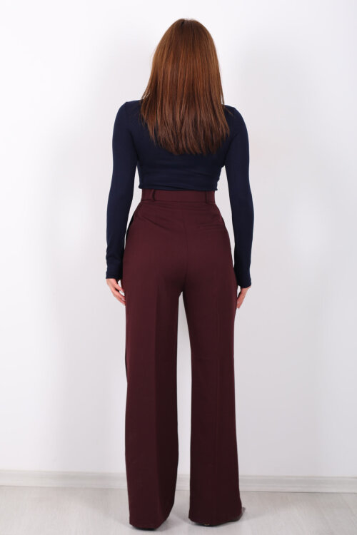 Önü Pensli Bordo Kadın Pileli Pantolon - 5