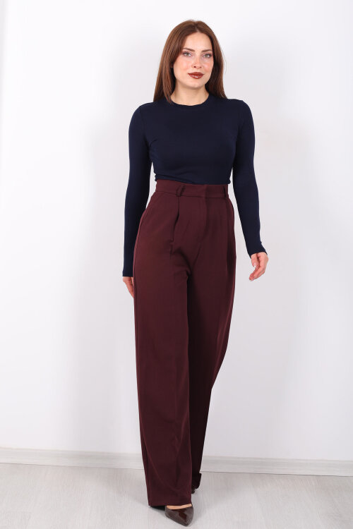 Önü Pensli Bordo Kadın Pileli Pantolon - 4