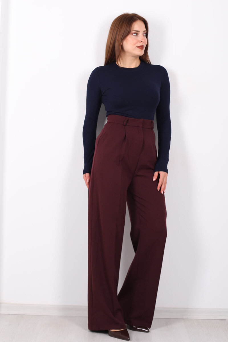 Önü Pensli Bordo Kadın Pileli Pantolon - 6
